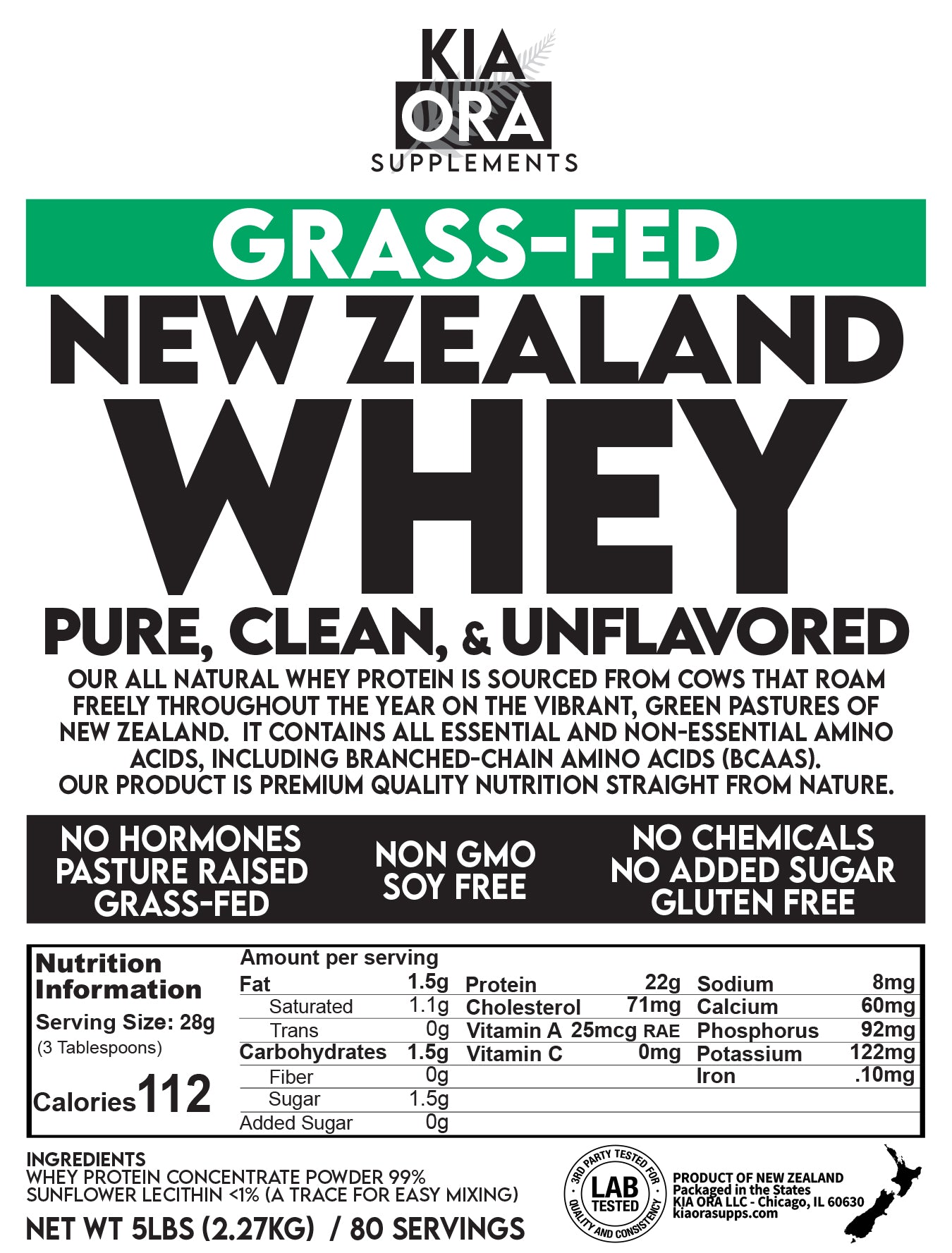 Grass-Fed Unflavored Whey Protein - Pure, Raw, Clean Protein. 5LB