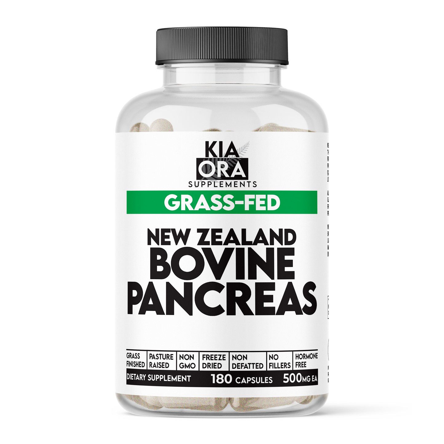 Supplement bottle labeled 'Kia Ora Supplements' with 'Grass-Fed New Zealand Bovine Pancreas' on a white background.