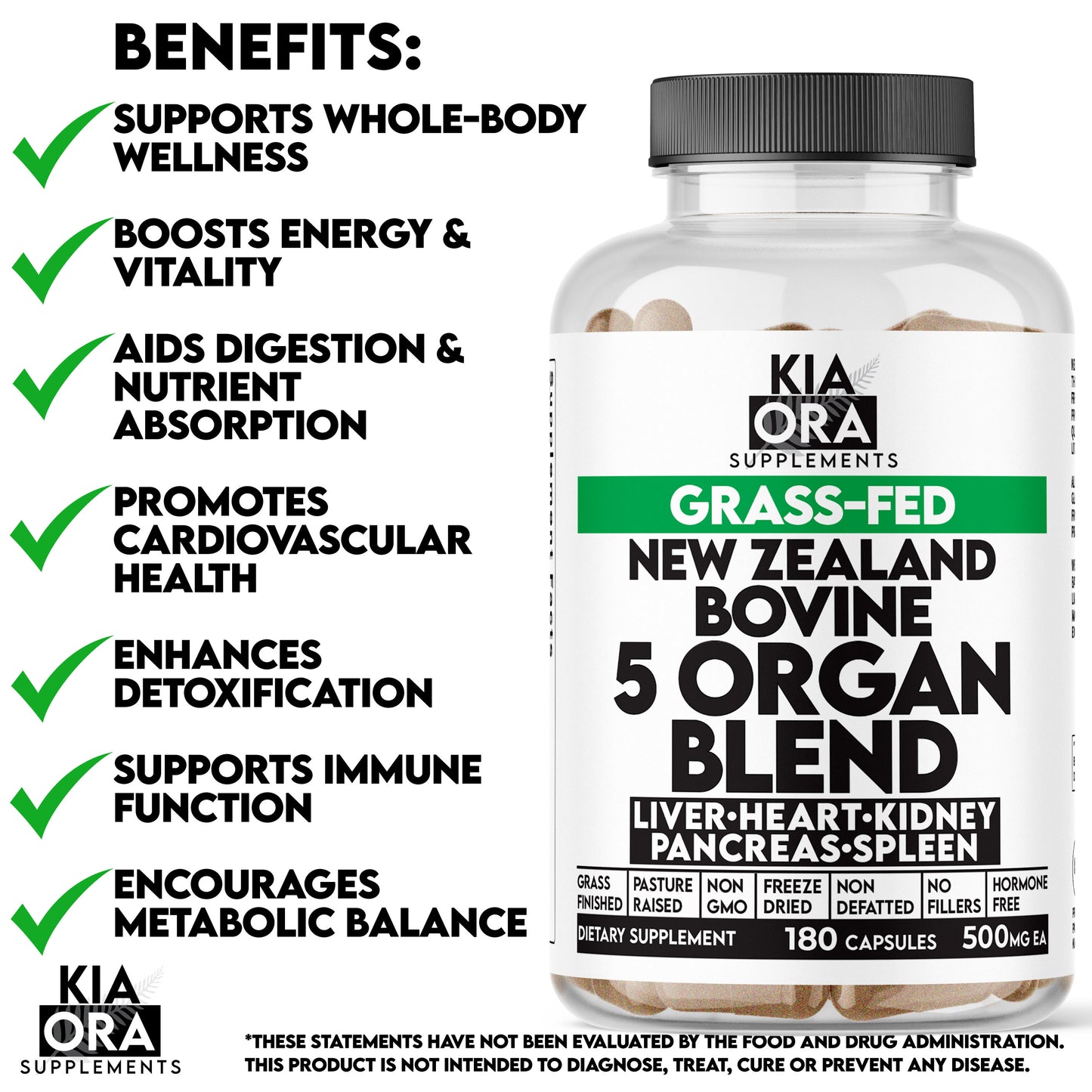 Kia Ora Supplements Grass-Fed New Zealand Bovine 5 Organ Blend bottle with benefits listed on a white background