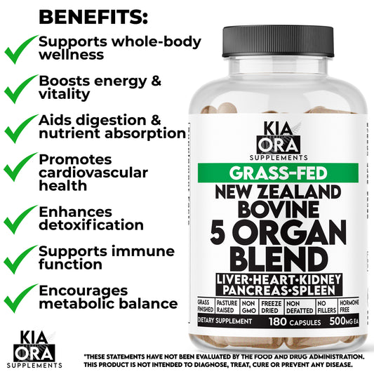 New Zealand Grass-Fed Beef Organ Complex | 5-Organ Blend Liver Spleen Heart Kidney Pancreas | 180 Capsules