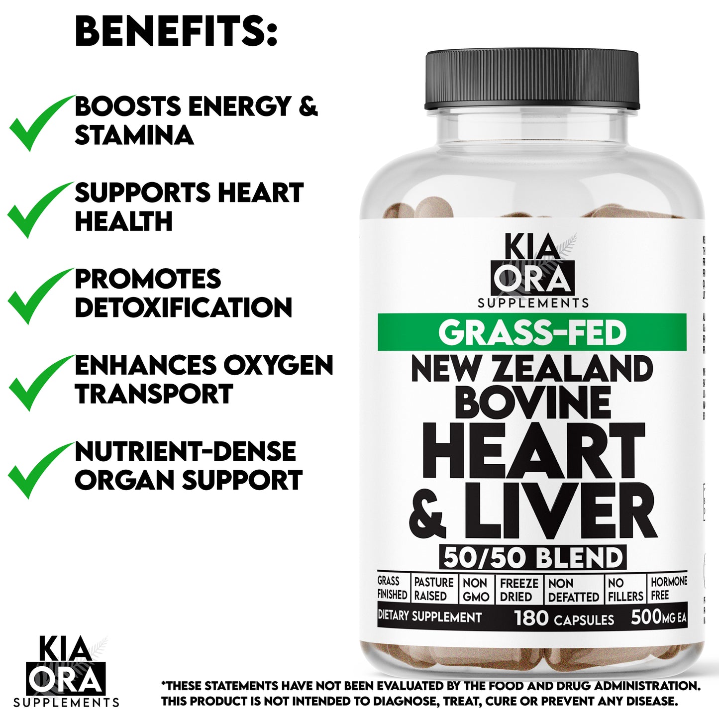 Kia Ora Supplements New Zealand Bovine Heart & Liver supplement bottle with benefits listed on a white background