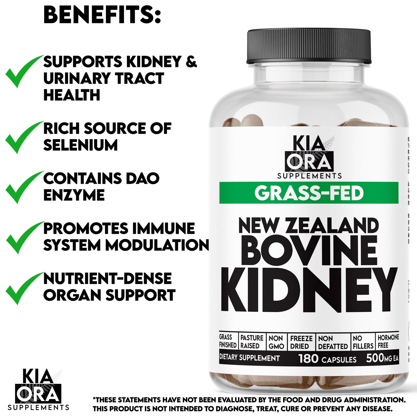 Supplement bottle labeled 'New Zealand Bovine Kidney' with benefits listed on a white background