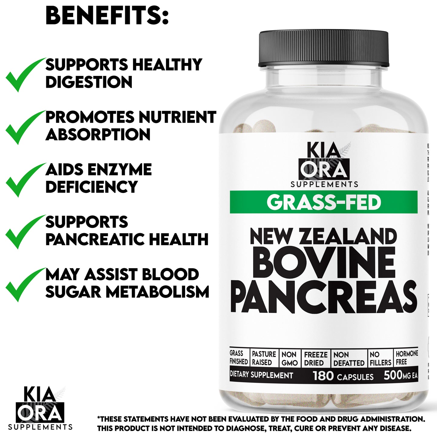 Kia Ora Supplements New Zealand Bovine Pancreas bottle with benefits listed on a white background