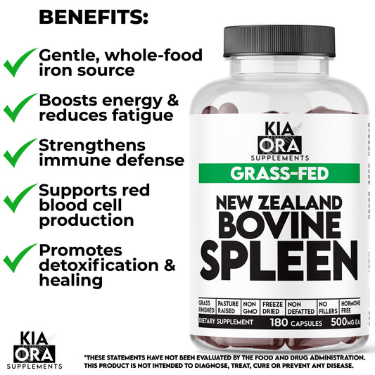New Zealand Grass-Fed Bovine Spleen Capsules | Single-Ingredient Whole Food Heme Iron | 180 Count