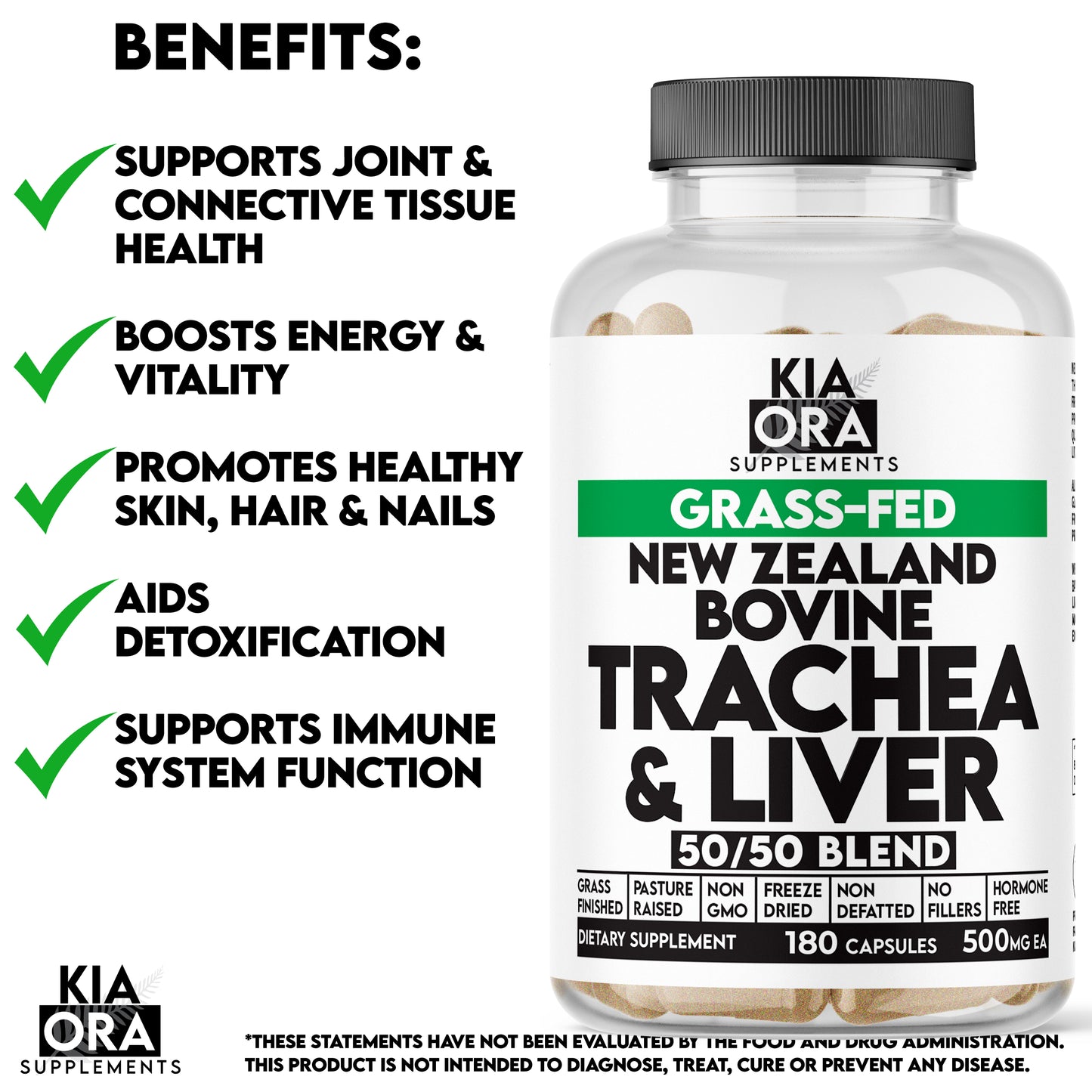 Kia Ora Supplements bottle bovine trachea and liver with benefits listed on a white background