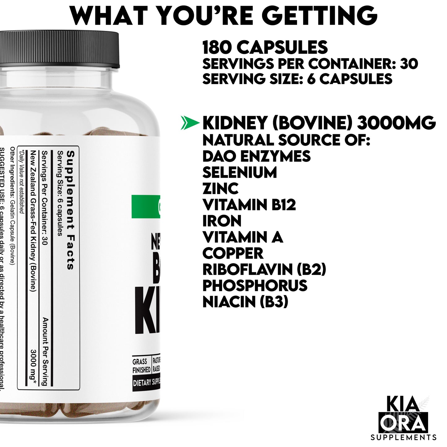 Bovine Kidney Supplement bottle with label and nutritional information on a white background