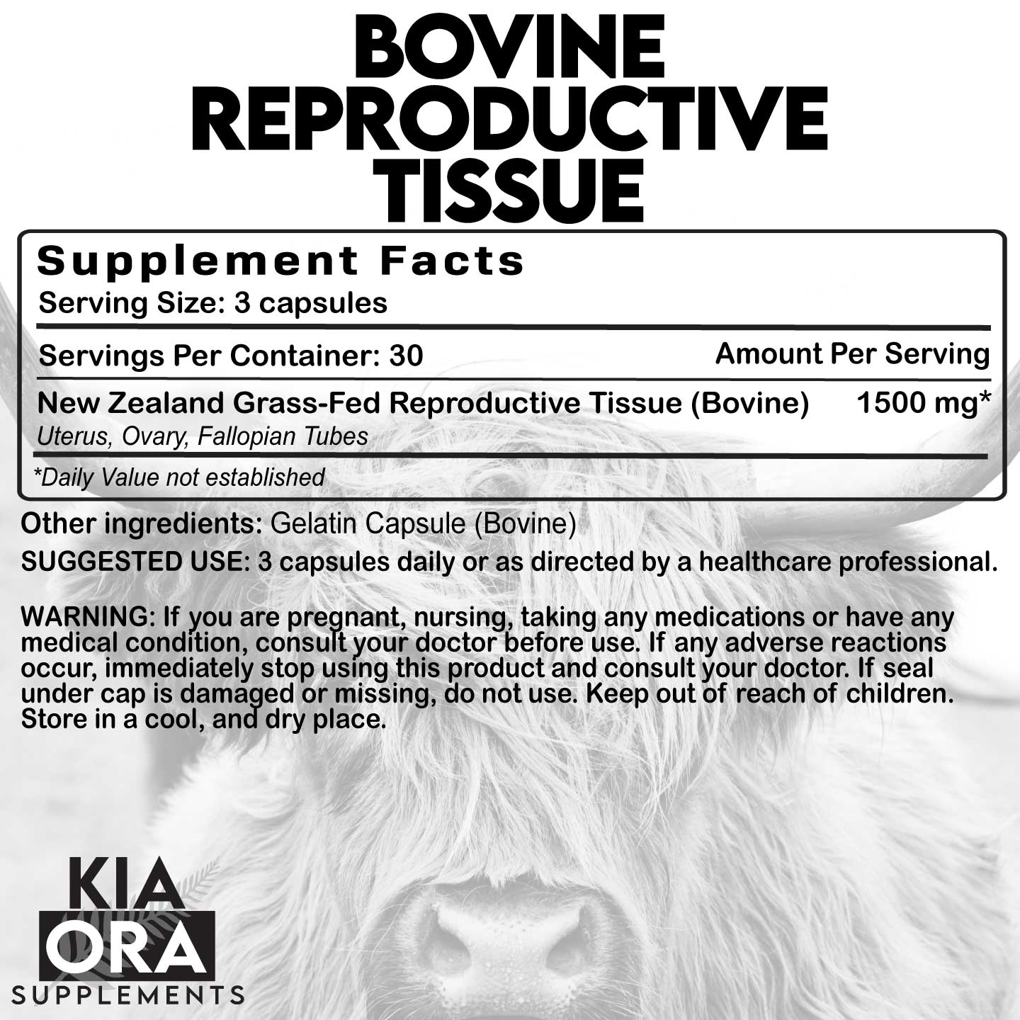 Supplement facts label for bovine reproductive tissue with Kia Ora Supplements branding.