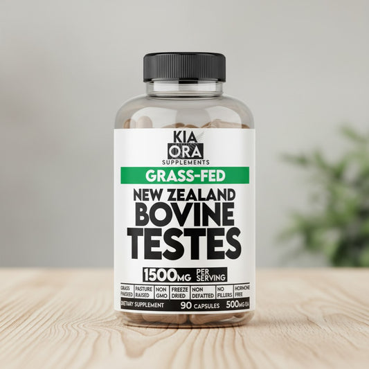 Kia Ora Supplements Grass-Fed New Zealand Bovine Testes capsules, 90 count, 1500mg per serving, dietary supplement.