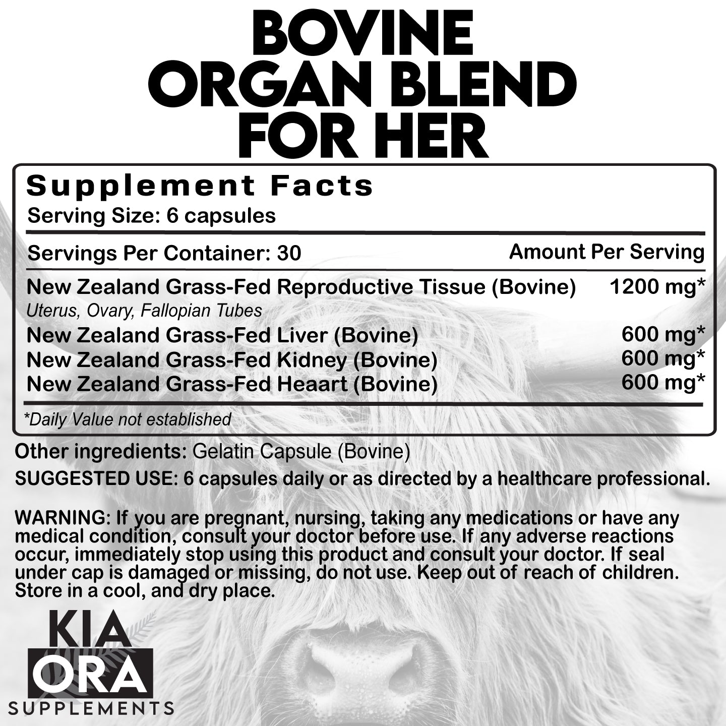 Supplement label for 'Bovine Organ Blend For Her' by Kia Ora Supplements with text and branding.