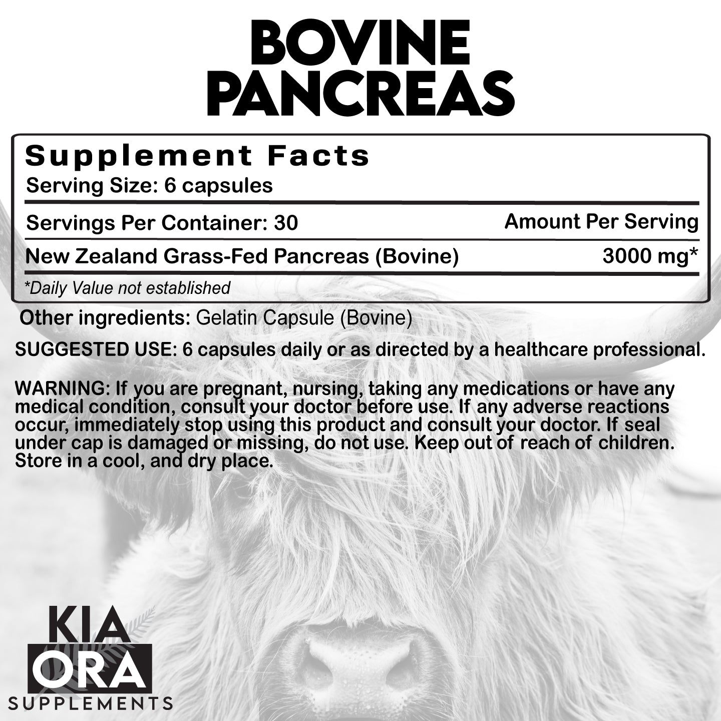 Supplement label for Bovine Pancreas with a cow's face in the background