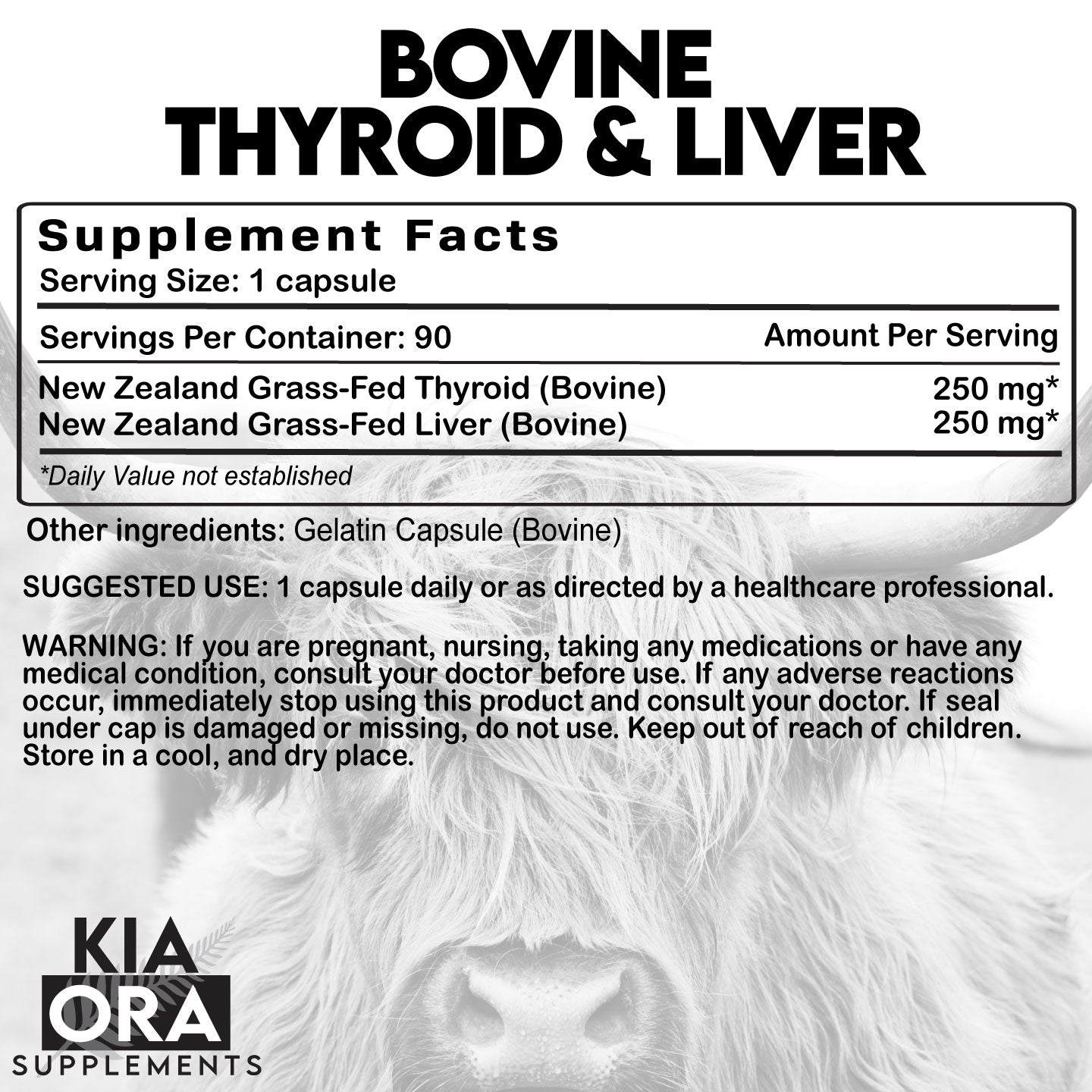 Supplement facts label for bovine thyroid and liver with a cow's face in the background
