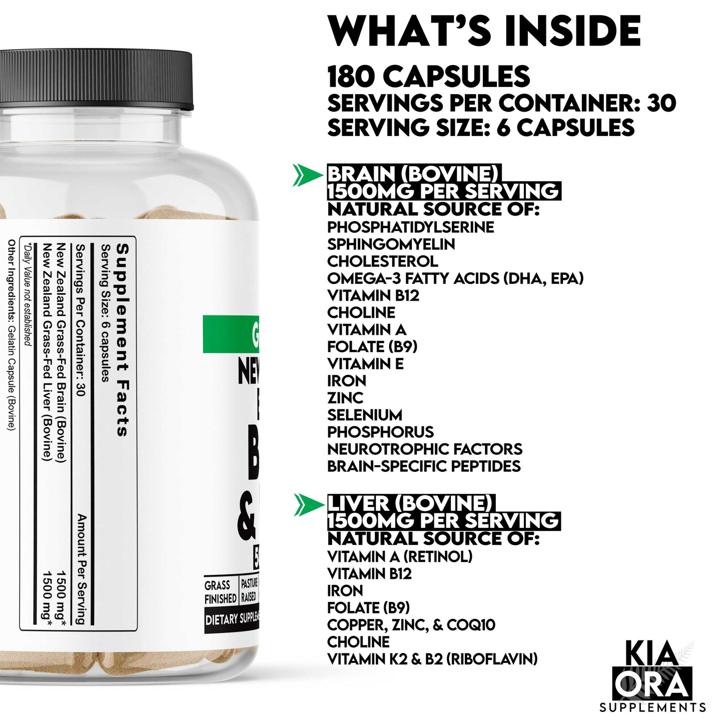 Supplement bottle with nutritional information bovine brain and liver on a white background