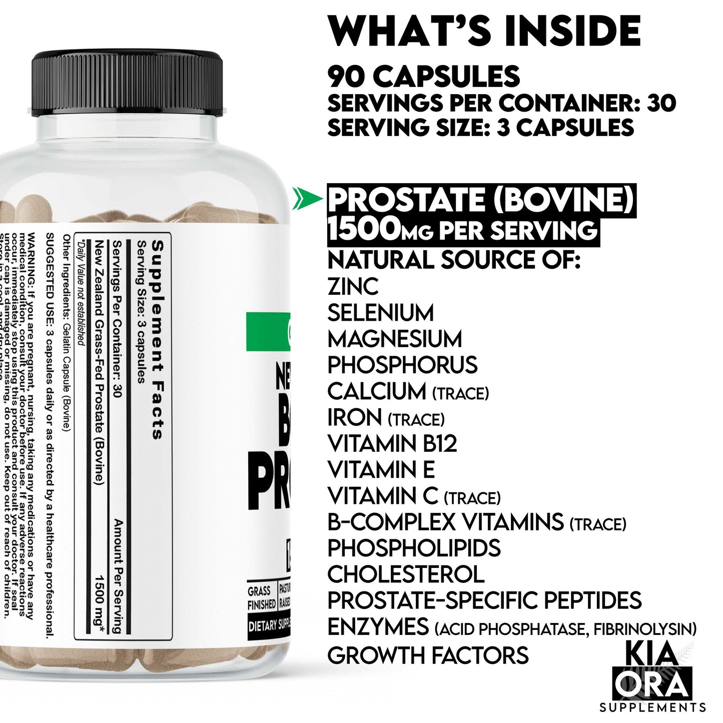 Supplement bottle with label detailing contents and benefits on a white background