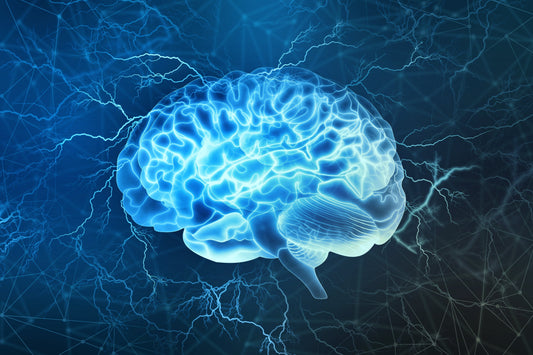 Neuron network with a glowing brain illustration on a dark background