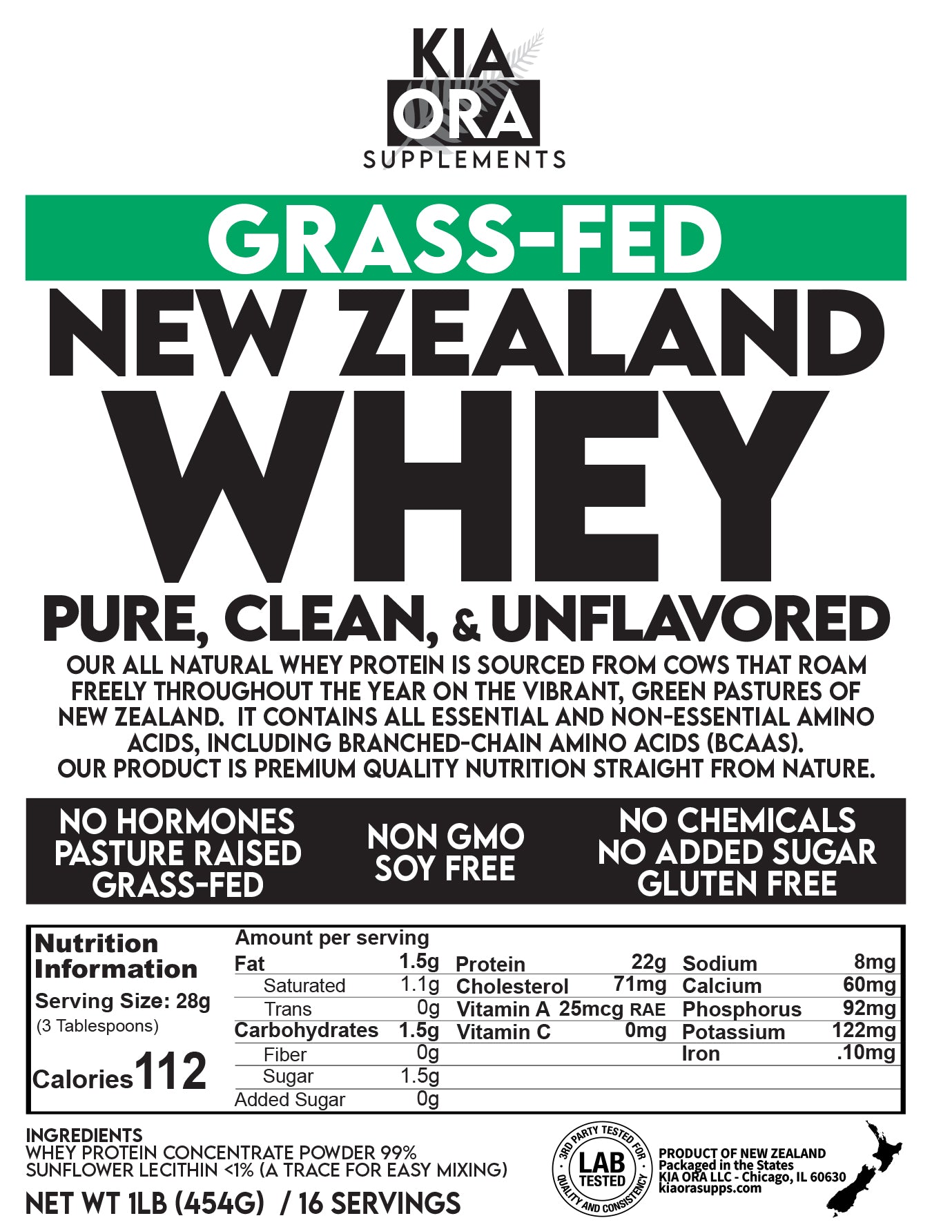 Grass-Fed Unflavored Whey Protein - Pure, Raw, Clean Protein. 1LB