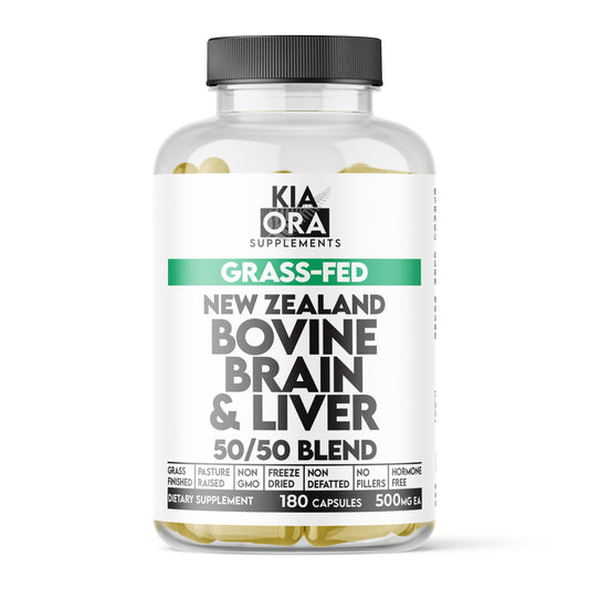 Kia Ora Supplements bottle of grass-fed New Zealand bovine brain & liver blend on a white background