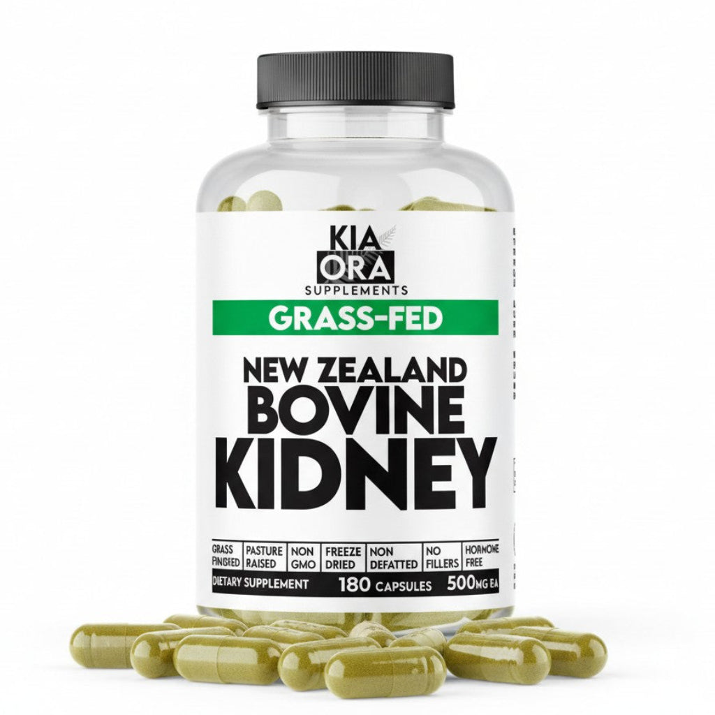 Supplement bottle labeled 'New Zealand Bovine Kidney' by Kia Ora Supplements on a white background.
