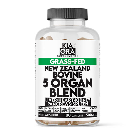 Supplement bottle labeled 'Kia Ora Supplements' with 'Grass-Fed New Zealand Bovine 5 Organ Blend' on a white background.
