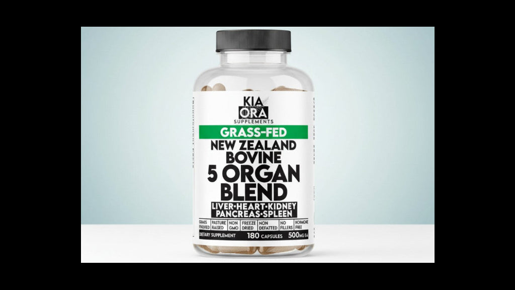 Bottle of Kia Ora Supplements 5 Organ Blend on a light gray background