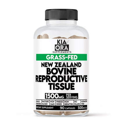 Supplement bottle labeled 'Kia Ora Supplements' with grass-fed, New Zealand bovine reproductive tissue on a white background.