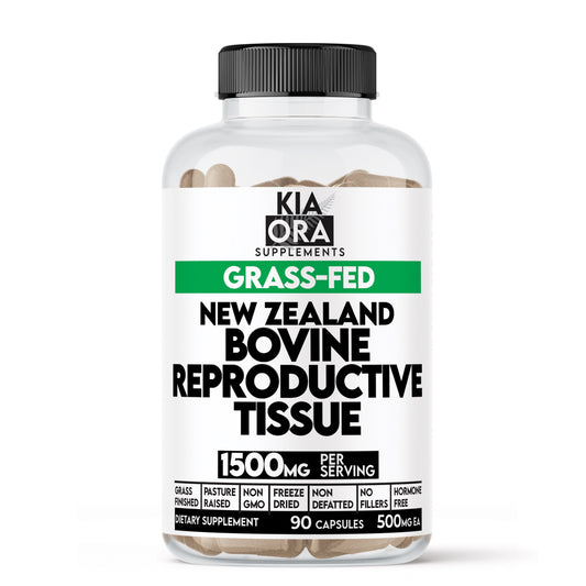 Supplement bottle labeled 'Kia Ora Supplements' with grass-fed, New Zealand bovine reproductive tissue on a white background.