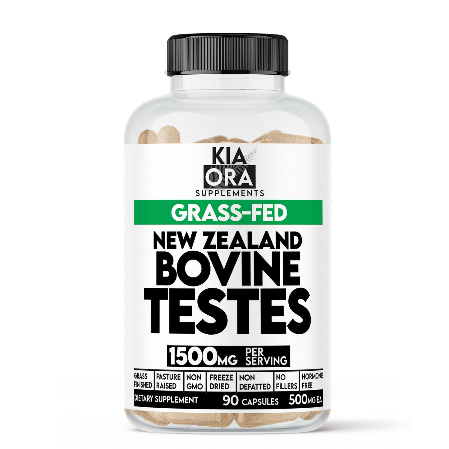 Supplement bottle labeled 'Kia Ora Supplements' with 'Grass-Fed New Zealand Bovine Testes' on a white background.