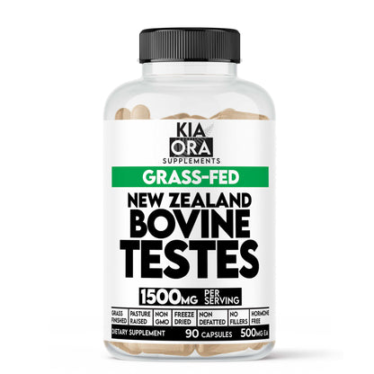 Supplement bottle labeled 'Kia Ora Supplements' with 'Grass-Fed New Zealand Bovine Testes' on a white background.