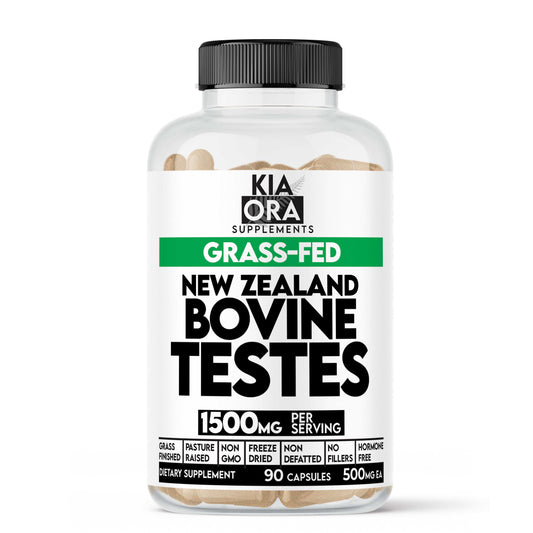 Supplement bottle labeled 'Kia Ora Supplements' with 'Grass-Fed New Zealand Bovine Testes' on a white background.