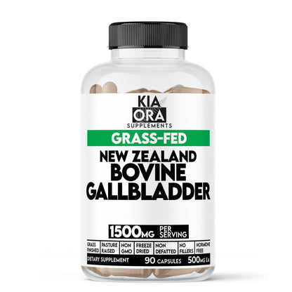 Supplement bottle labeled 'Kia Ora Supplements' with 'Grass-Fed New Zealand Bovine Gallbladder' on a white background.