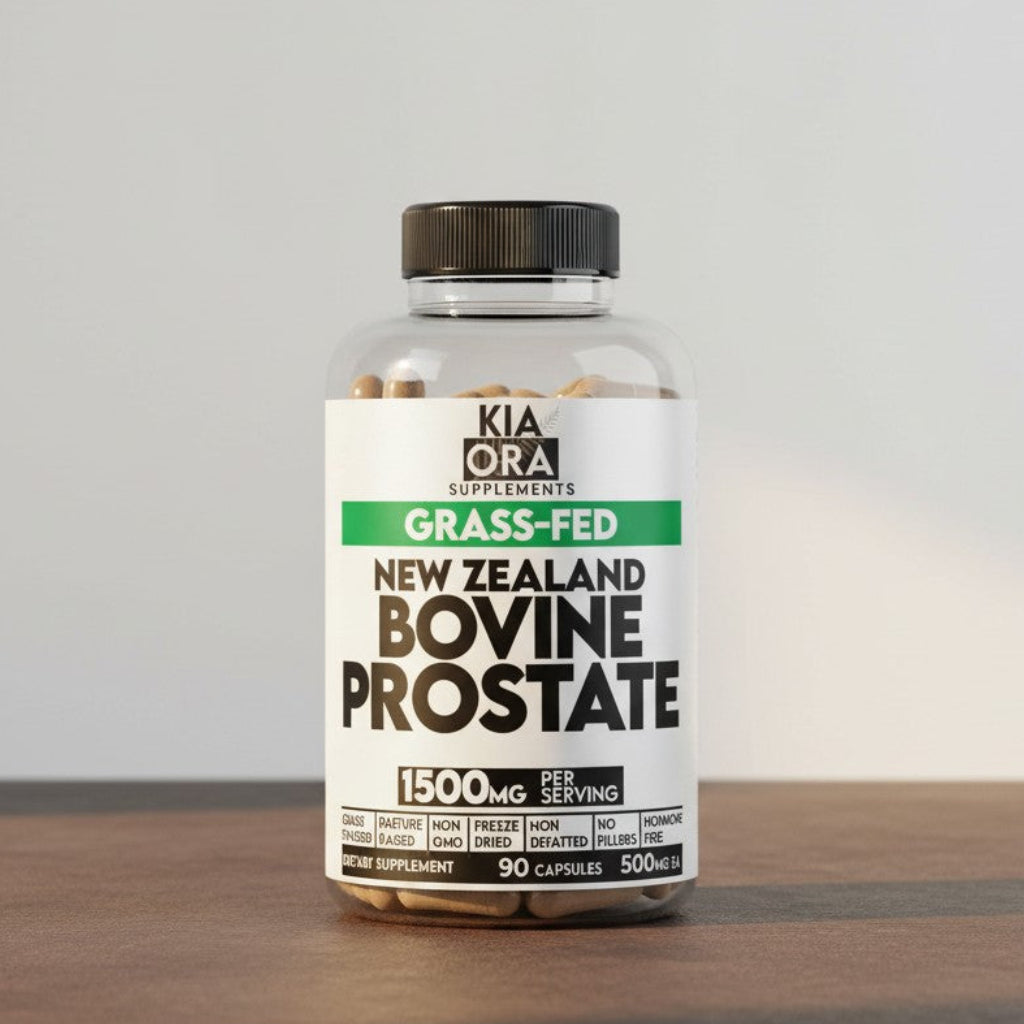 Bottle of KIA ORA Supplements New Zealand Bovine Prostate on a wooden surface with a gray background