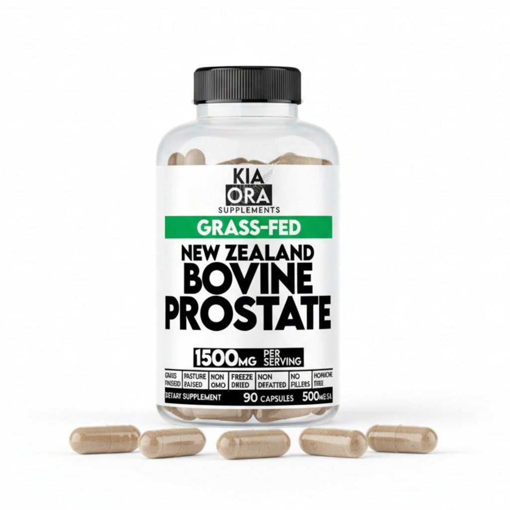 Kia Ora Supplements New Zealand Bovine Prostate capsules on a white background
