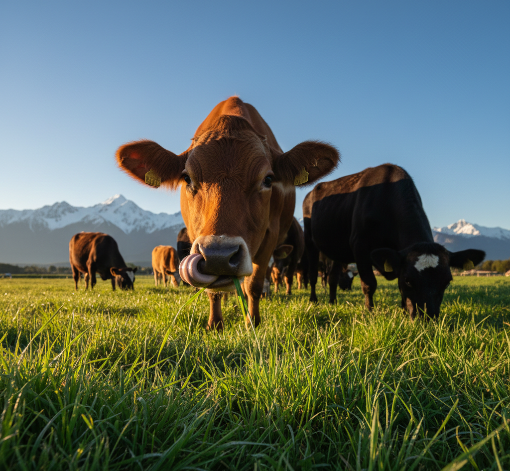 Cows grazing in a field with mountains in the background