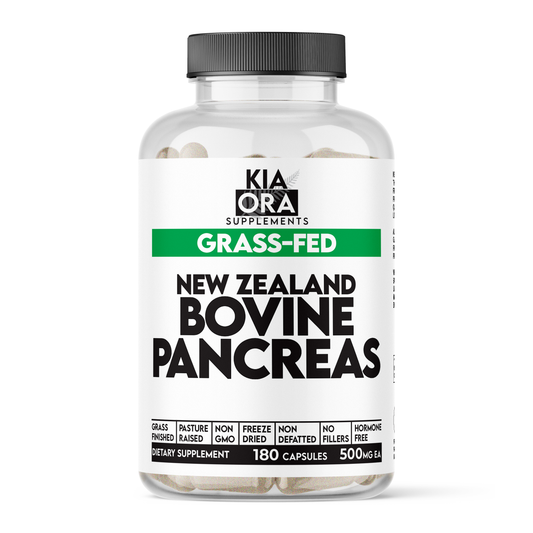 Supplement bottle labeled 'Kia Ora Supplements' with 'Grass-Fed New Zealand Bovine Pancreas' on a white background.