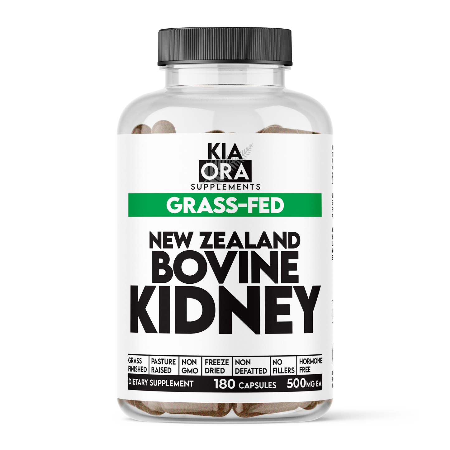 Supplement bottle labeled 'New Zealand Bovine Kidney' by Kia Ora Supplements on a white background