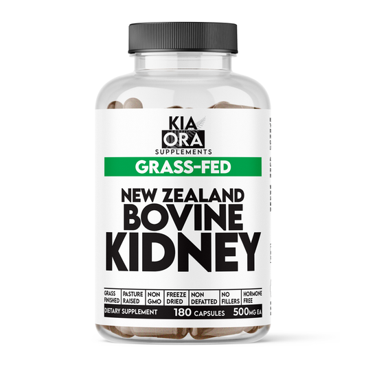 Supplement bottle labeled 'New Zealand Bovine Kidney' by Kia Ora Supplements on a white background