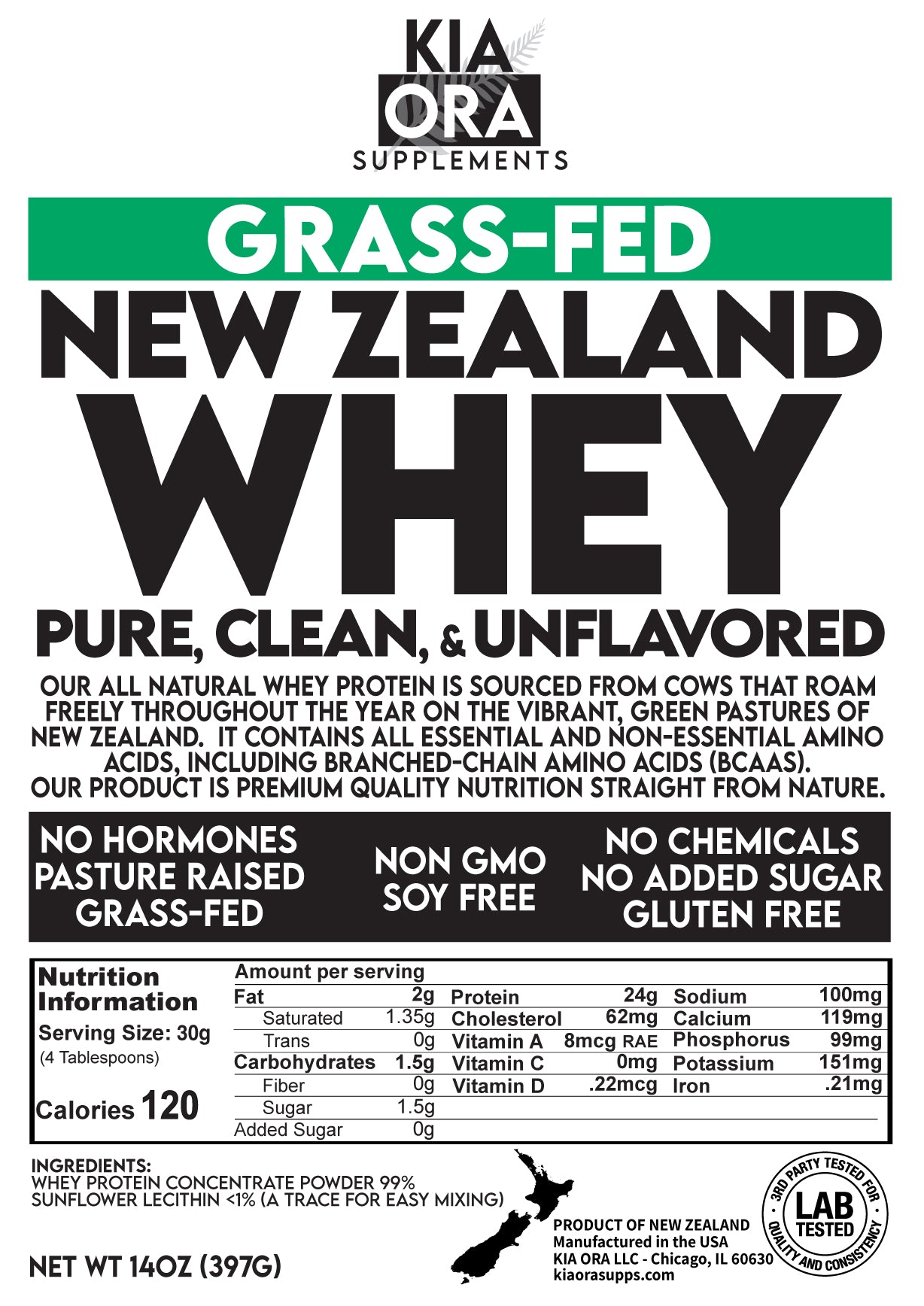 NEW ZEALAND 100% GRASS FED WHEY PROTEIN - UNFLAVORED. 14OZ