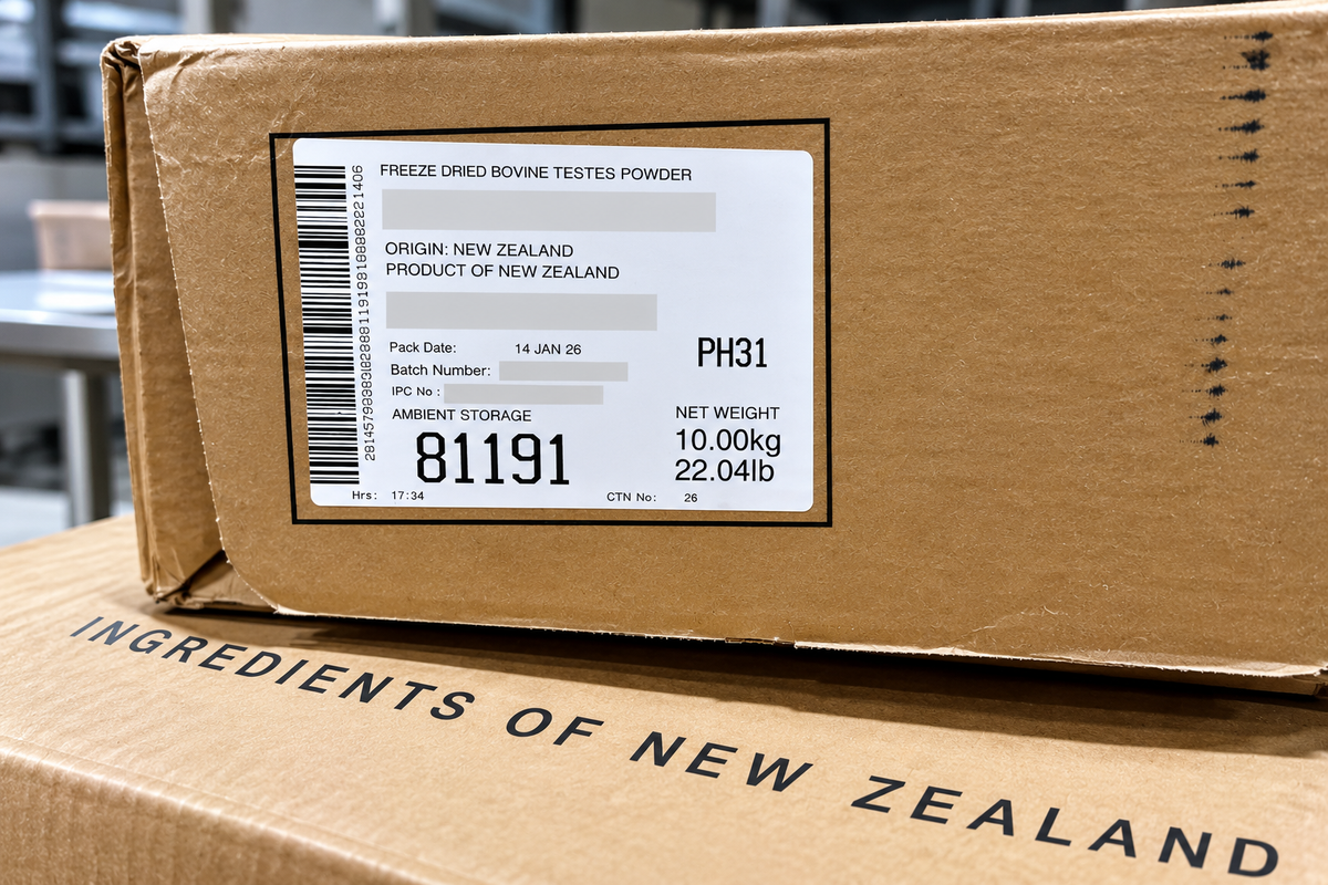 A brown cardboard shipping box with a white product label reading 'Freeze Dried Bovine Testes Powder' and 'Product of New Zealand,' placed on top of another box printed with 'INGREDIENTS OF NEW ZEALAND.'.