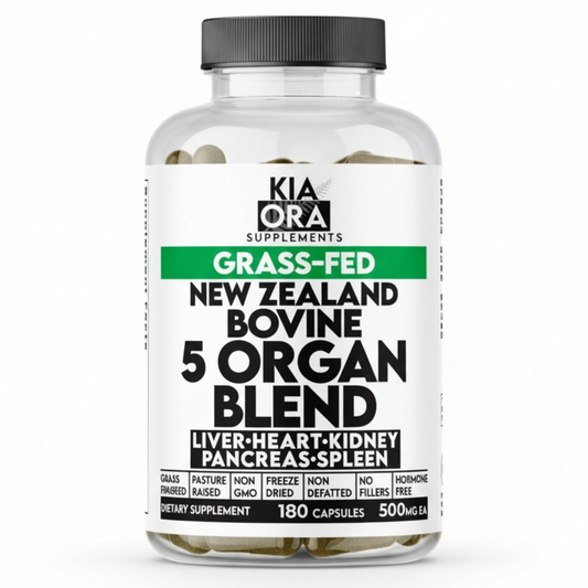 Kia Ora Supplements Beef Organ Complex | 5-Organ Blend: Liver, Spleen, Heart, Kidney, Pancreas | 180 Capsules