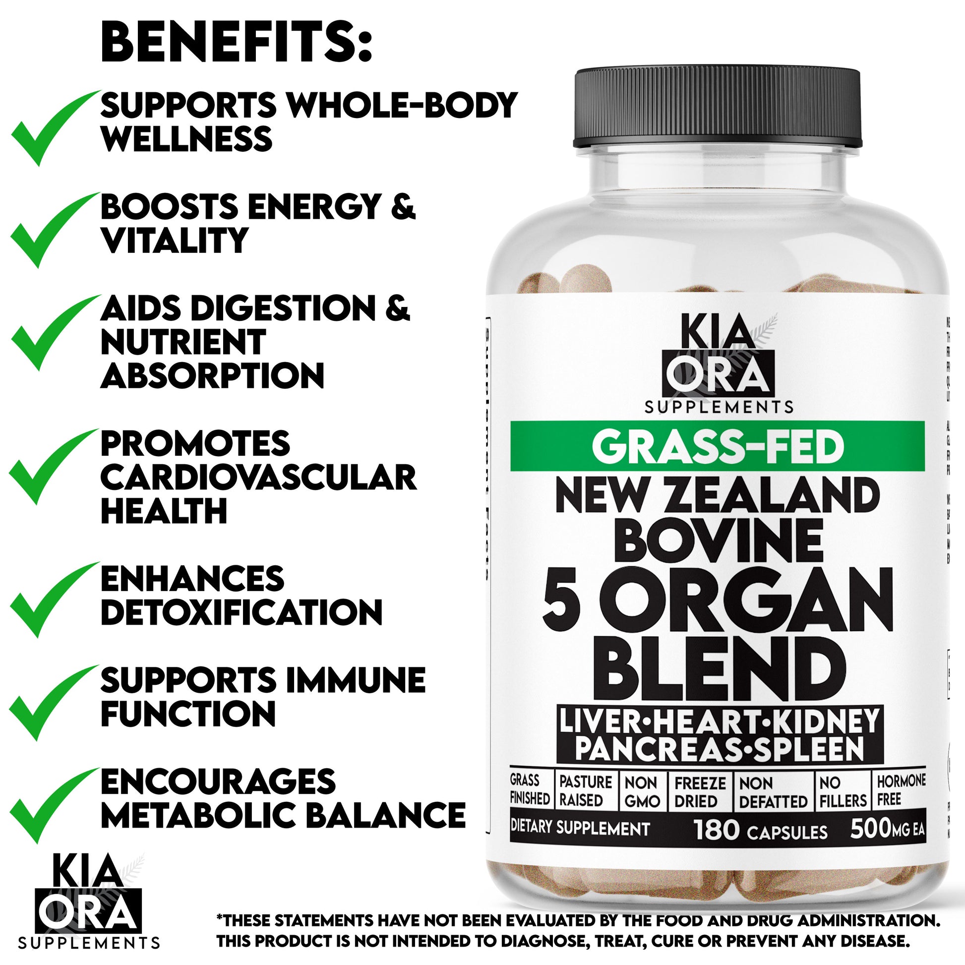 Kia Ora Supplements Grass-Fed New Zealand Bovine 5 Organ Blend bottle with benefits listed on a white background
