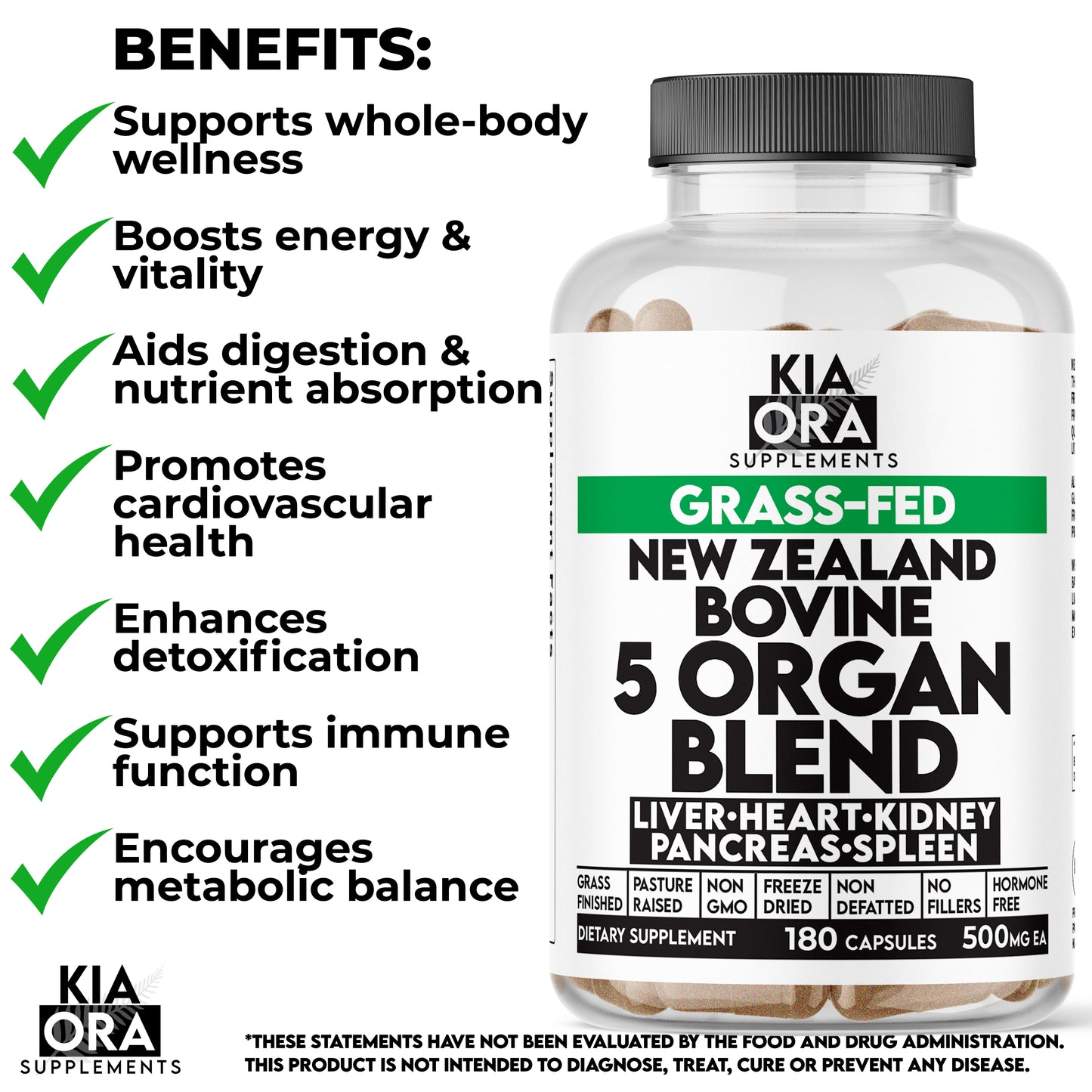 New Zealand Grass-Fed Beef Organ Complex | 5-Organ Blend Liver Spleen Heart Kidney Pancreas | 180 Capsules