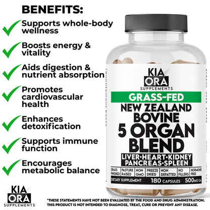 New Zealand Grass-Fed Beef Organ Complex | 5-Organ Blend Liver Spleen Heart Kidney Pancreas | 180 Capsules