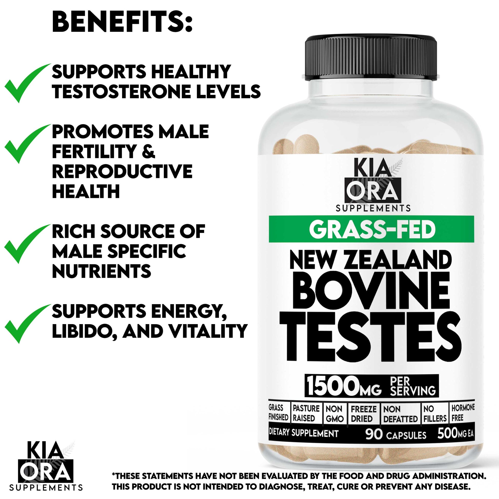 Kia Ora Supplements New Zealand Bovine Testes supplement bottle with benefits listed on a white background