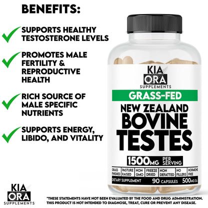 Kia Ora Supplements New Zealand Bovine Testes supplement bottle with benefits listed on a white background