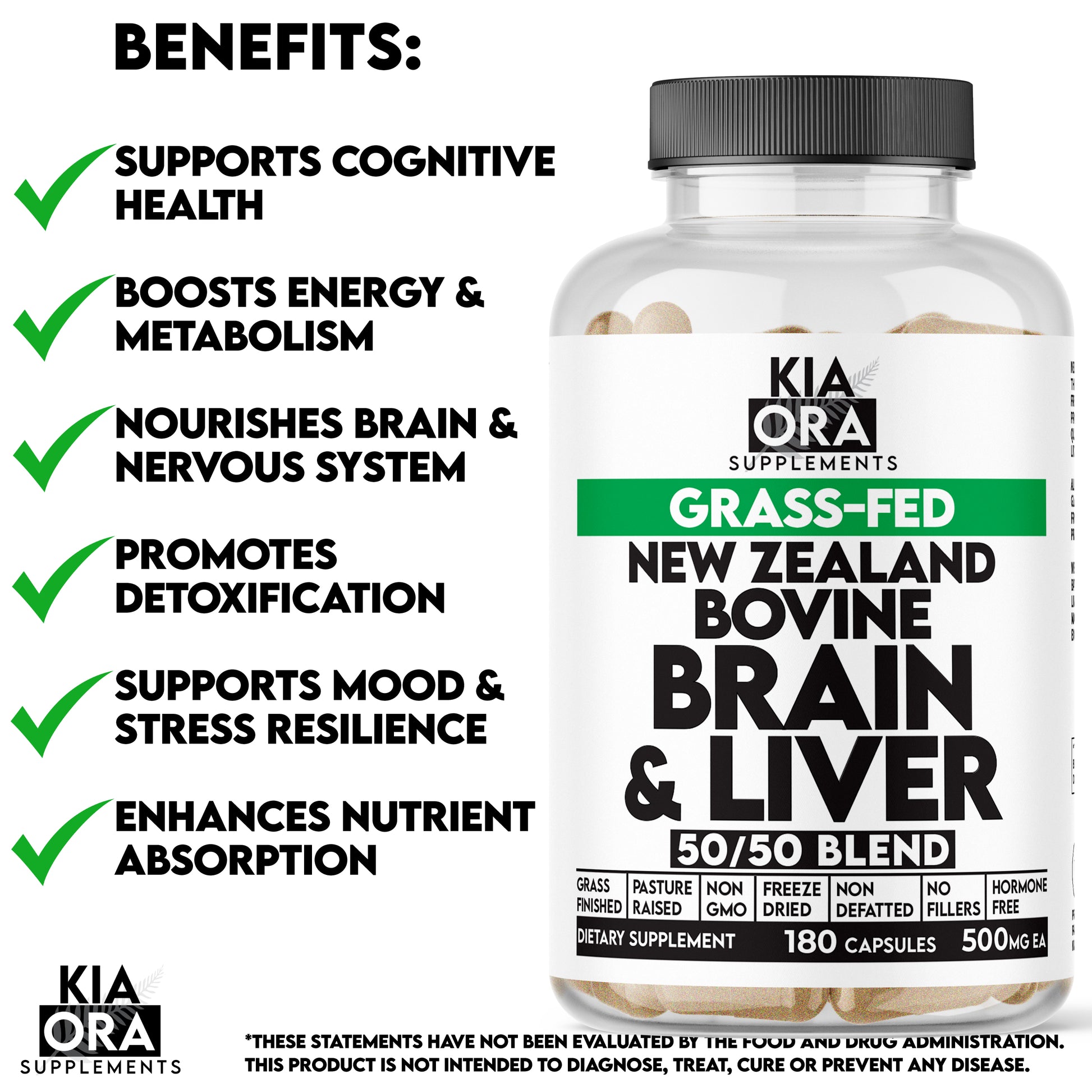 Kia Ora Supplements Grass-Fed New Zealand Bovine Brain & Liver supplement bottle with benefits listed.