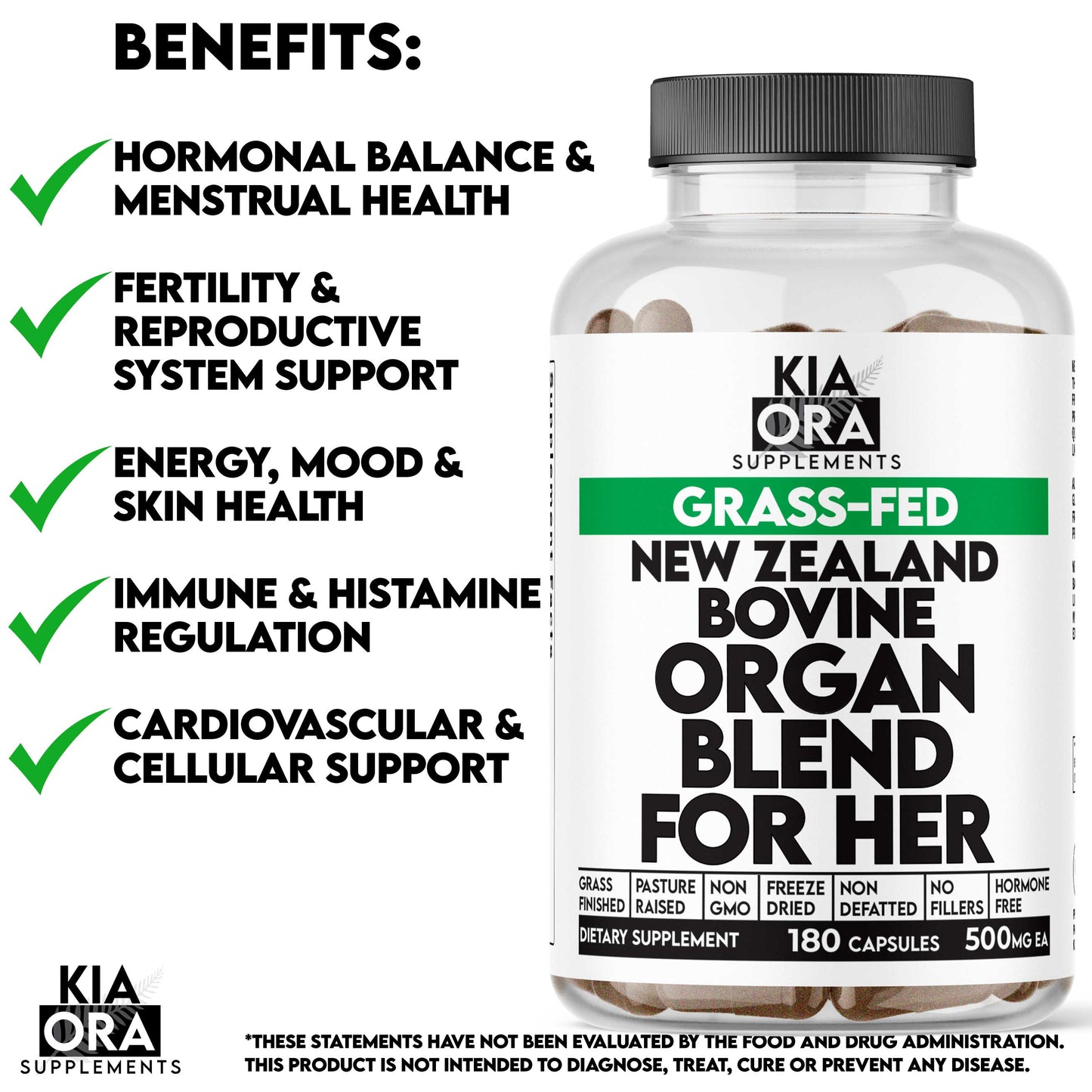 Kia Ora Supplements bovine organ complex for woman bottle with benefits listed on a white background