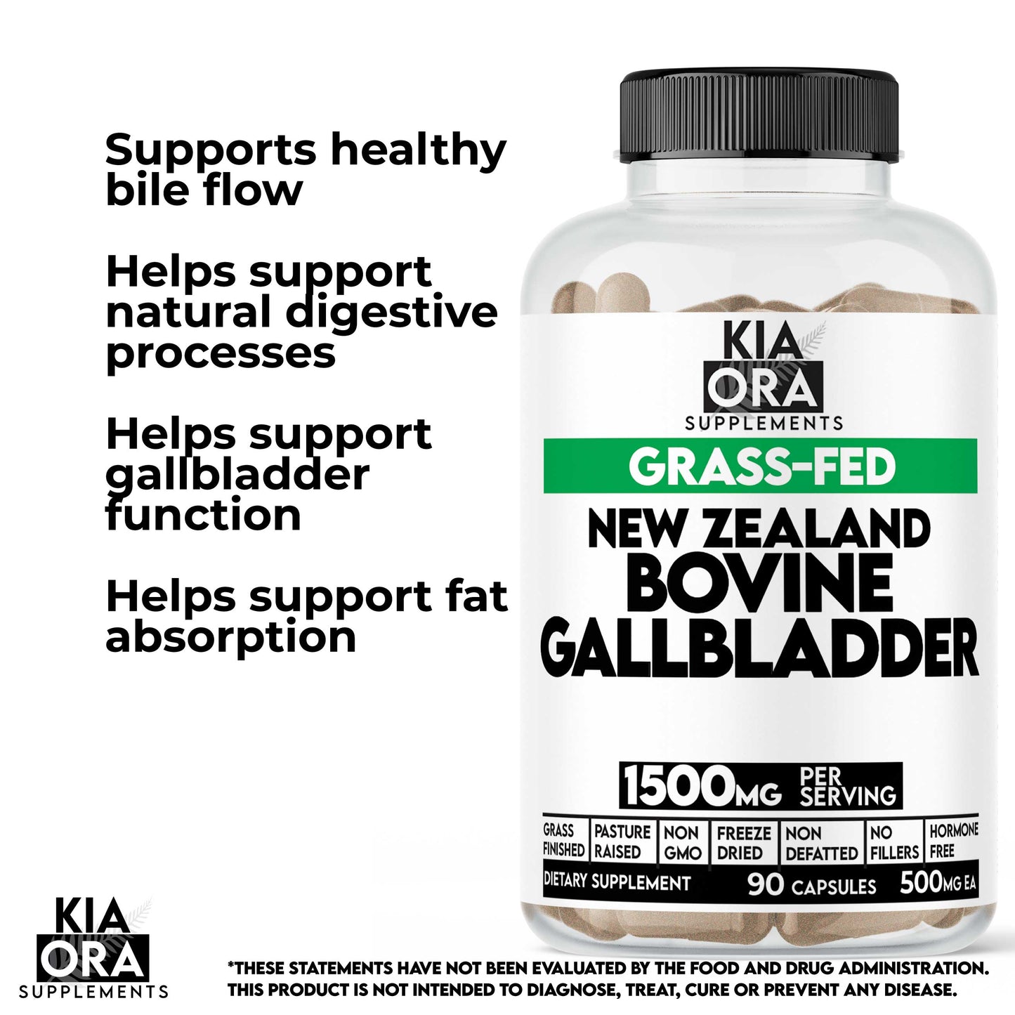 New Zealand Grass-Fed Bovine Gallbladder Capsules | Natural Bile Salts Supplement | 90 Count
