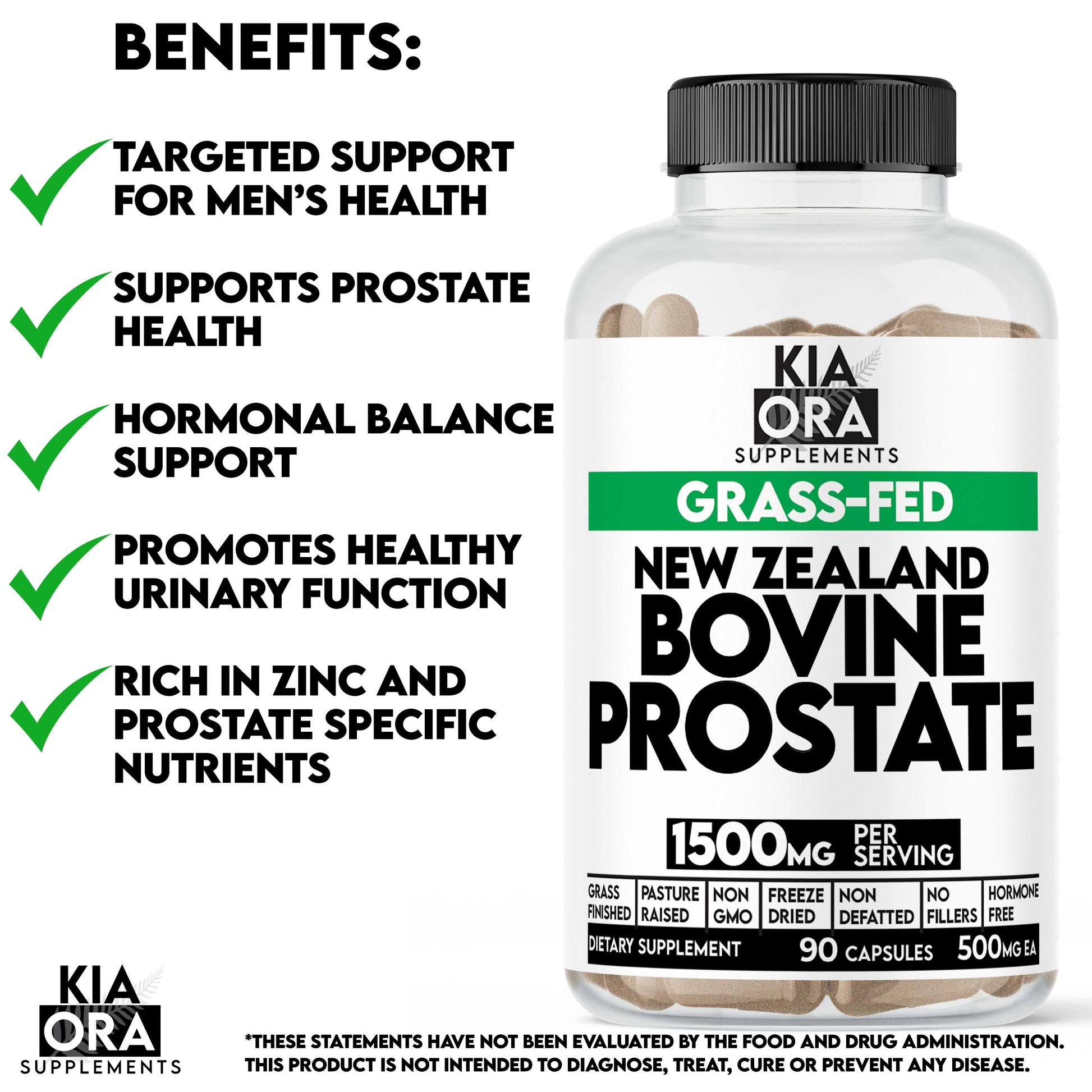 Kia Ora Supplements New Zealand Bovine Prostate supplement bottle with benefits listed on a white background