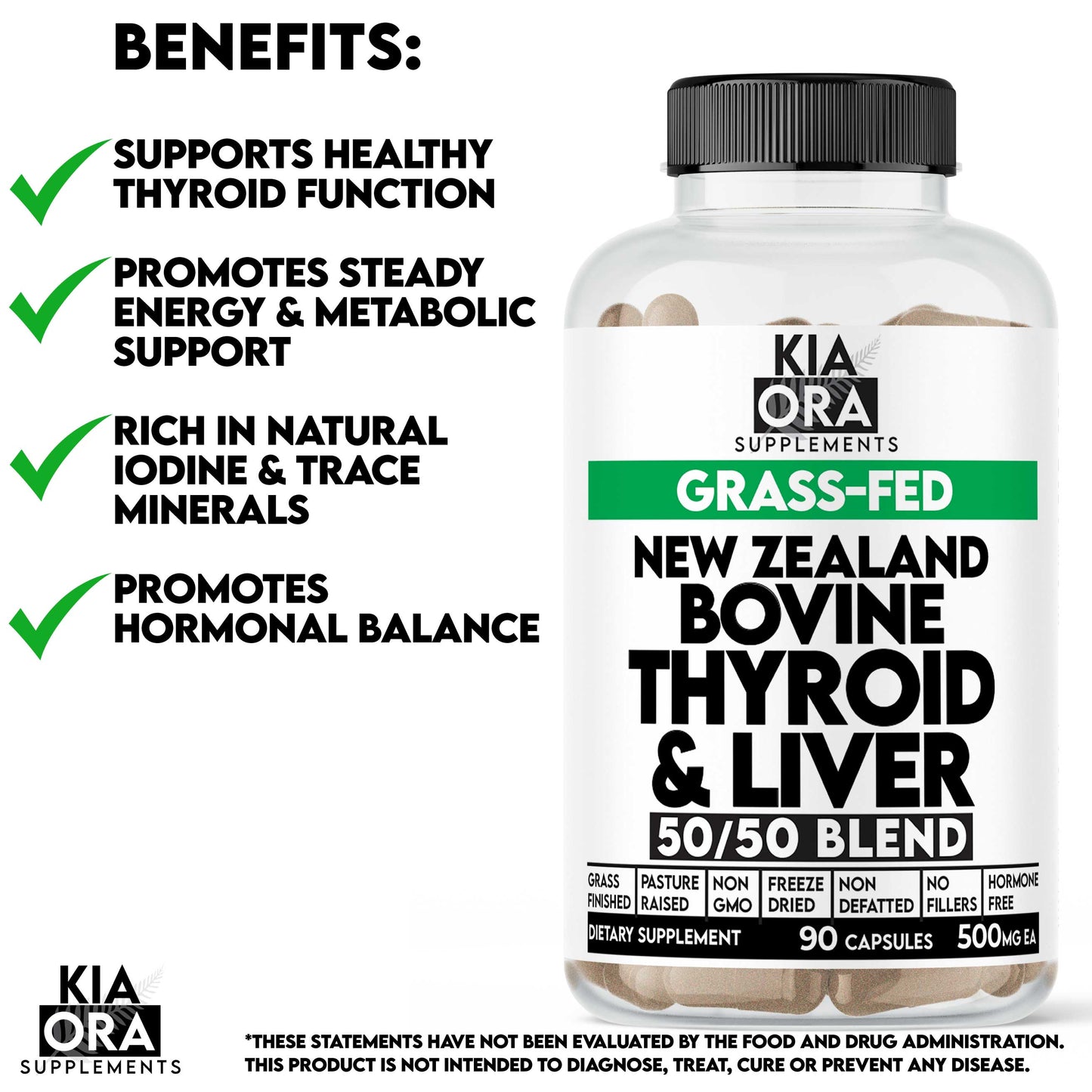 Kia Ora Supplements bottle of New Zealand Bovine Thyroid & Liver Blend with benefits listed.