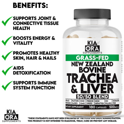 Kia Ora Supplements bottle bovine trachea and liver with benefits listed on a white background