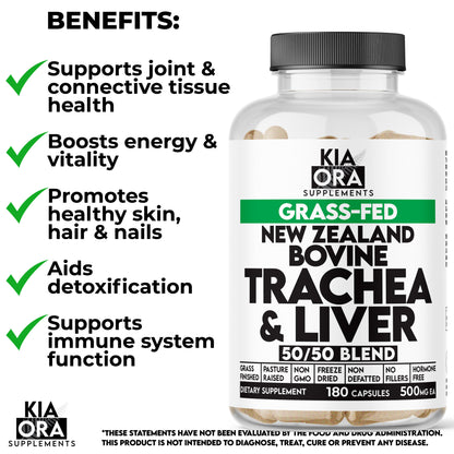 New Zealand Grass-Fed Bovine Trachea and Liver Capsules | Natural Collagen and Joint Support | 180 Count
